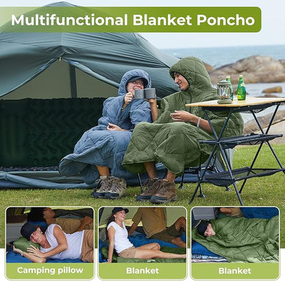 ATEPA Blanket Poncho Hooded Ultralight Water-Resisitant Warm Wearable Blanket Sleeping Bag Coat Cloak Camping Blanket