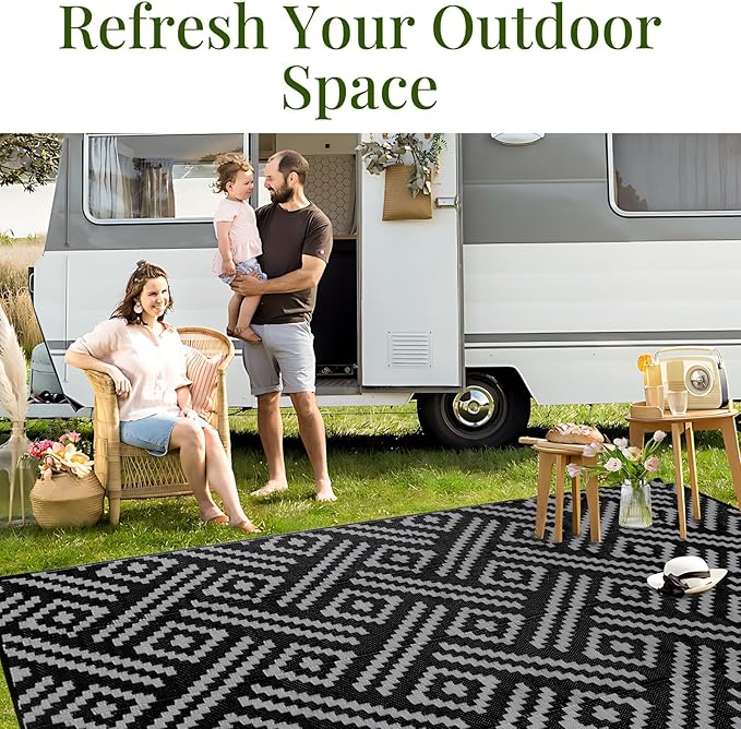 OPPODREAM Outdoor Rug 5x8 Ft, Waterproof Outdoor Plastic Straw Rug for Patio, Reversible Out Door Carpet for Camping, Deck, Rv, 5 x 8 Area Carpet for Balcony, Porch, Backyard, Black and Grey