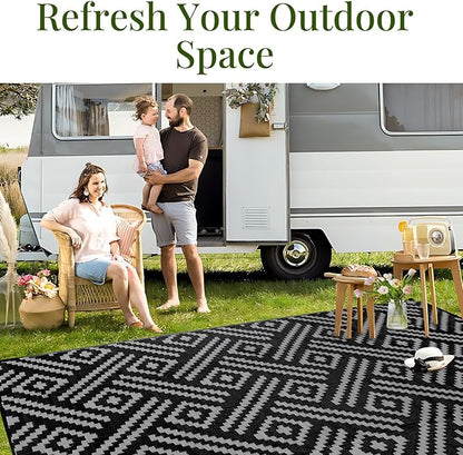 OPPODREAM Outdoor Rug 5x8 Ft, Waterproof Outdoor Plastic Straw Rug for Patio, Reversible Out Door Carpet for Camping, Deck, Rv, 5 x 8 Area Carpet for Balcony, Porch, Backyard, Black and Grey