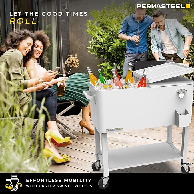 Permasteel 80-Qt Outdoor Patio Cooler with Removable Basin, Outside Beverage Cooler Cart, Rolling Cooler with Wheels and Handles, White