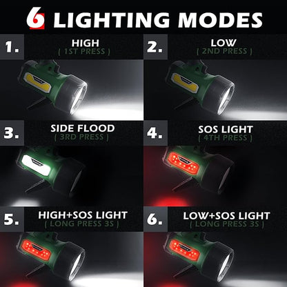 FORTO Rechargeable Spotlight Flashlight with 2000 Lumens, Handheld Spotlight with Foldable Stand, 6 Light Modes IPX7 Waterproof LED Spot Lights Outdoor for Boating Hunting Hiking(Dark Green)