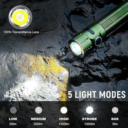Small EDC Flashlight Rechargeable, 1300 High Lumen LED Pocket Flash Light with Magnetic Base, Long Throw Compact Waterproof Powerful Light for Home, Camping, Emergencies-Green