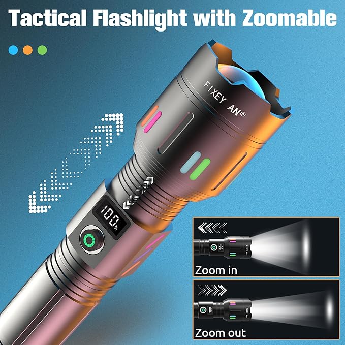 Rechargeable Flashlight, LED 120000 Lumens, Tactical Flashlight with Zoomable, 5 Modes, Power Indicator, IPX7 Waterproof, Super Bright Flashlight for Camping, Hiking, Emergency, Home