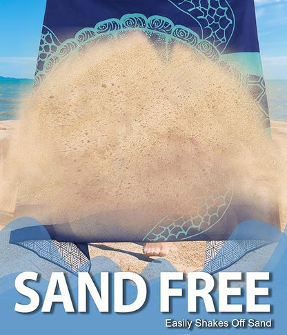 Microfiber Beach Towel–Green Striped Turtle Quick Dry Lightweight Sand Free Oversized Large Towel Accessories Travel Must Have Essentials Packable Sandproof Resistant Gift
