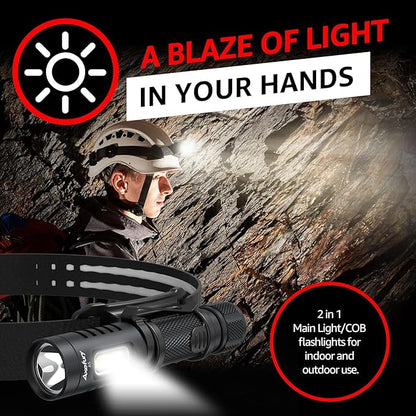 Flashlight, Rechargeable Handheld Flashlight with Removable Headband,Tactical Flashlight with Cob workLight,700 lumens,6 Modes,Waterproof for Camping,Emergency(Battery Included) Gift