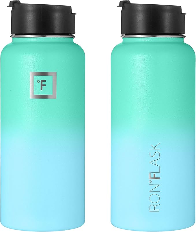 IRON °FLASK Camping & Hiking Hydration Flask, Wide Mouth, 3 Straw Lids, Stainless Steel Outdoor Water Bottle, Double Walled, Insulated Thermos, Metal Canteen - Sky, 32 Oz