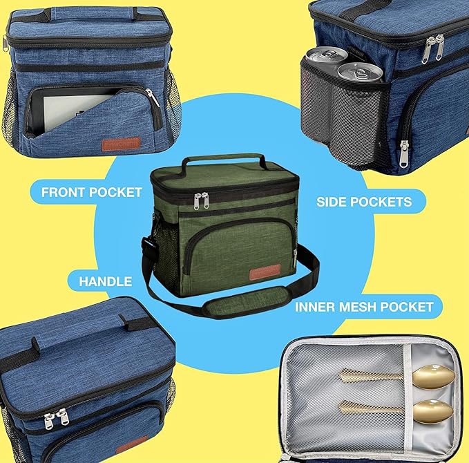 ExtraCharm Insulated Lunch Bag for Women/Men - Reusable Lunch Box for Office Picnic Hiking Beach - Leakproof Cooler Tote Bag Organizer with Adjustable Shoulder Strap for Adults - Green