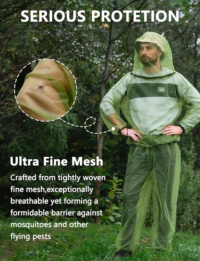 HENNCHEE Mosquito Suits for Adults, Mesh Net Bug Jacket Pant Suit, Outdoor Full Body Protection Mosquito Proof Clothing