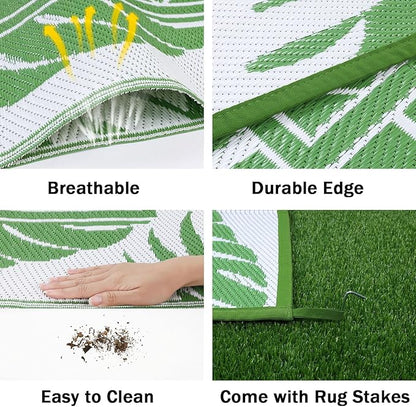 Ileading Outdoor Rug Carpet for Patio 6' x9' Waterproof Reversible Plastic Straw Rug Portable Outside Area Rug Camping Mat for Patio, Clearance, Balcony, Picnic, Pool, Beach, RV, Deck, Leaf Green