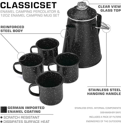 COLETTI Classic Camping Coffee Pot & Mug Set - Percolator Coffee Pot, Enamel Mug Complete Nostalgic Bundle German Imported Enamel Powder [12 oz, Set of 4] (Black)
