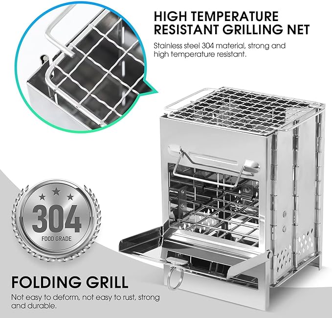 Folding Camp Stove Foldable Camping Stove Folding Stove Camp Stove Wood Burning Rocket Portable Backpacking Stainless Steel Light Folding Stove for Outdoor Hiking Camping (Large with Grid Rack)