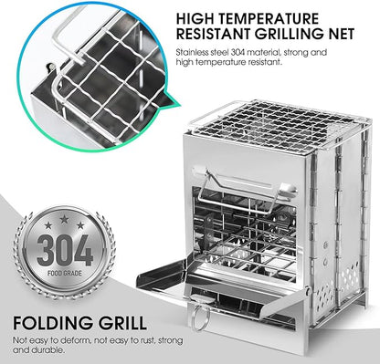 Folding Camp Stove Foldable Camping Stove Folding Stove Camp Stove Wood Burning Rocket Portable Backpacking Stainless Steel Light Folding Stove for Outdoor Hiking Camping (Large with Grid Rack)