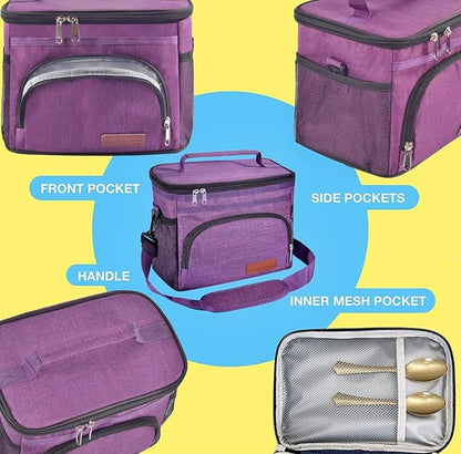ExtraCharm Insulated Lunch Bag for Women/Men - Reusable Lunch Box for Office Picnic Hiking Beach - Leakproof Cooler Tote Bag Organizer with Adjustable Shoulder Strap for Adults - Purple