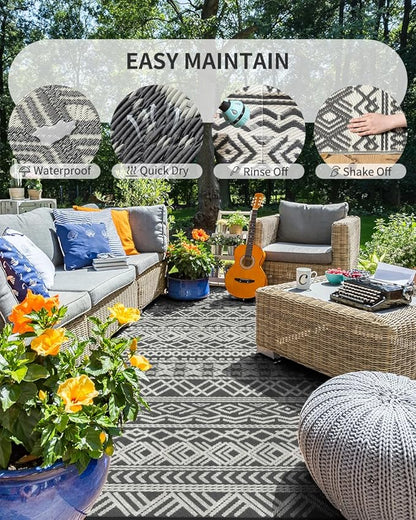 MontVoo Outdoor Rug Carpet Waterproof 9x12 Outdoor Patio Rug Mat Reverisble Plastic Straw Outdoor Rug for RV Camping Picnic Beach Balcony Boho Grey Large