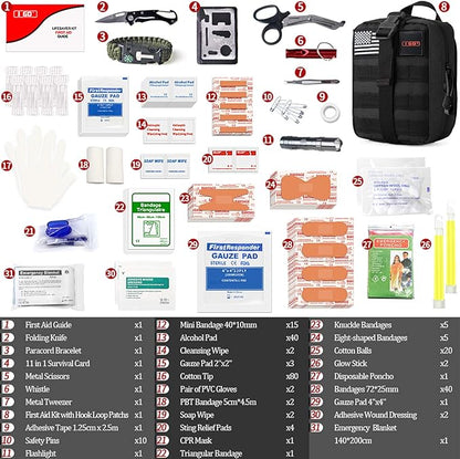 I GO Survival First Aid Kit, 251 Pieces Compact Tactical Trauma First Aid Bag, Molle Compatible Emergency Pouch for Outdoor Camping Hiking Backpacking and Travel