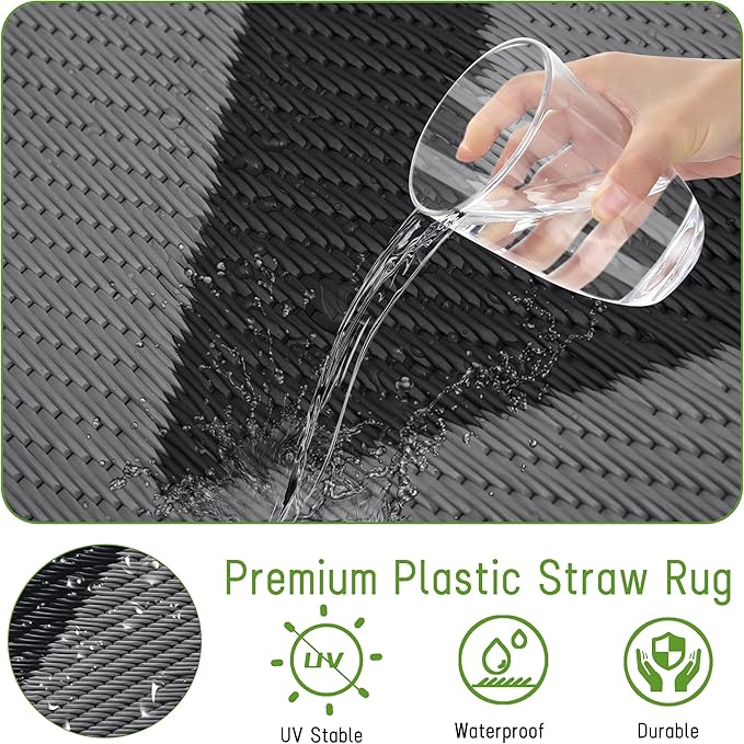 Easy-Going Reversible Outdoor Rugs 5x8ft Waterproof Plastic Straw Rug Stain & UV Resistant Floor Mat for Patio Porch RV Backyard Pool Deck Picnic Beach Trailer Camping (Waved Black & Grey)