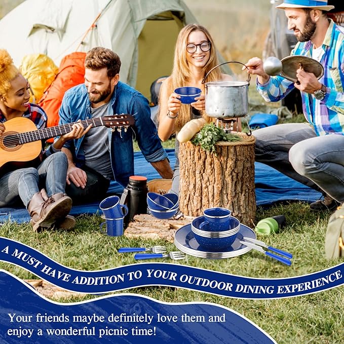 48 Pcs Enamel Camping Tableware Set for 8 Includes 12 oz Enamel Coffee Mugs 10.5 Inch Camping Plates 6 Inch Bowls and Camping Utensils Set Includes Knife Fork Spoon for Camping Outdoor RV