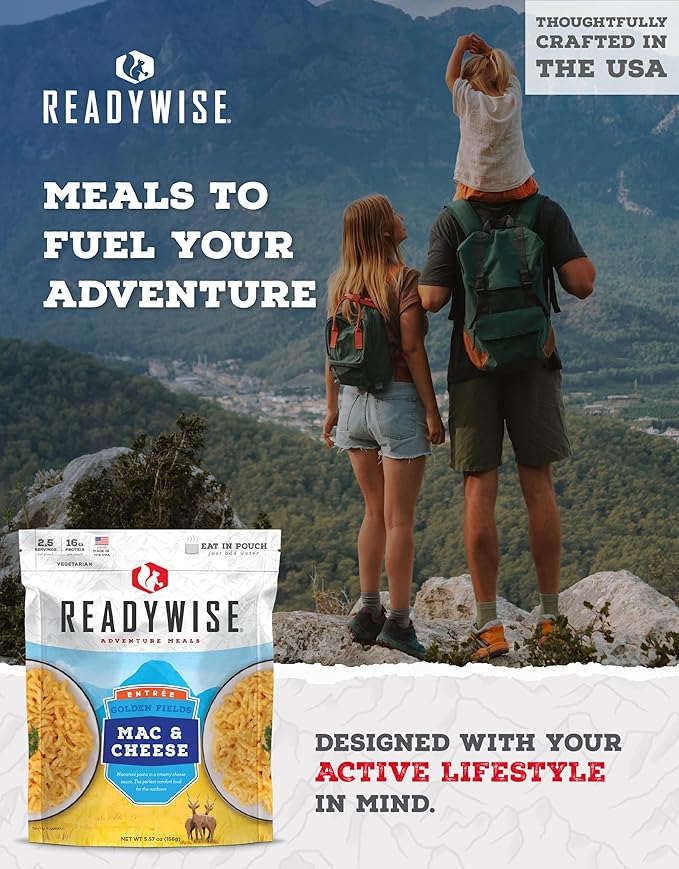 READYWISE - Adventure Meal, Mac & Cheese, 2 Servings, Pack of 1, Emergency Preparedness, Freeze Dried Food, MRE, Snack Pack or Emergency Food, Backpacking, Camping, Hiking, and, Survival Food