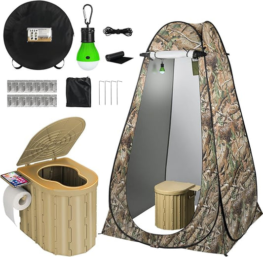 Portable Camping Toilet with Pop-Up Privacy Tent, 12-inch Toilet Seat, Outdoor Portable Folding Toilet Potty for Adults Load Capacity of 400 Lbs, LED-Light Camping Bathroom