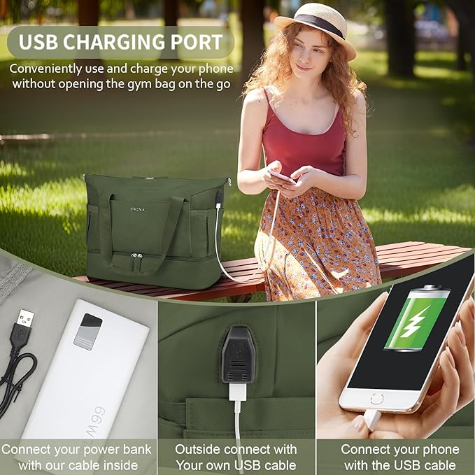 ETRONIK Gym Bag for Women, Travel Duffel Bag with USB Charging Port, Weekender Overnight Bag with Wet Pocket and Shoes Compartment for Women, Travel, Gym, Yoga (Army Green)