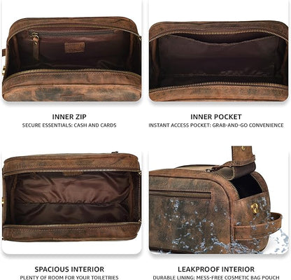 LEATHER VILLAGE Premium Leather Toiletry Travel Pouch With Waterproof Lining - Brown | King-Size Handcrafted Vintage Dopp Kit Bag