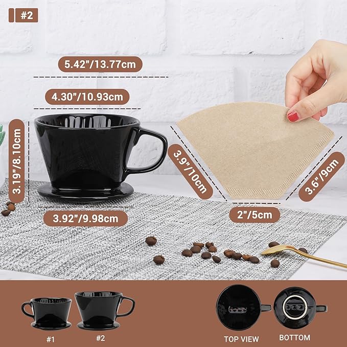 Segarty Pour Over Coffee Dripper Set, Single Cup Black Ceramic Coffee Maker with 200PCS Size #2 Cone Coffee Filter Paper, Slow Brewed Drip Pourover Coffee Brewer for Home Office Travel Camping