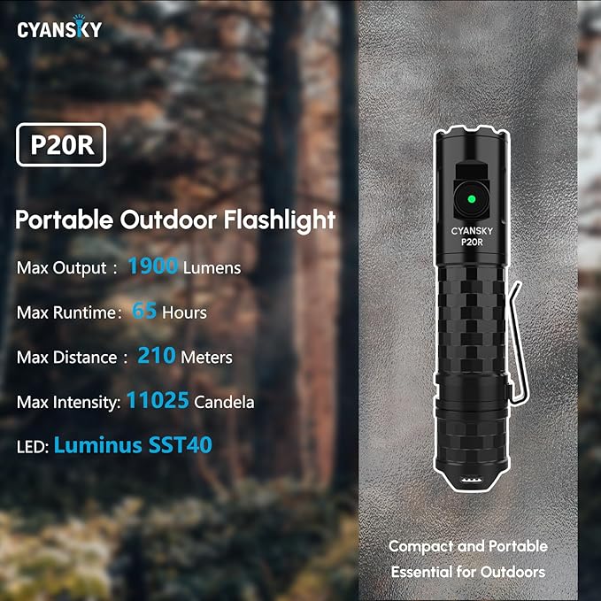 CYANSKY P20R Flashlights High Lumens,Rechargeable Flashlight,1900 Lumen Super Bright,Portable Pocket EDC Flashlgiht,LED Flash Lights for Home,Emergency,Camping,Camping,Hiking ﻿