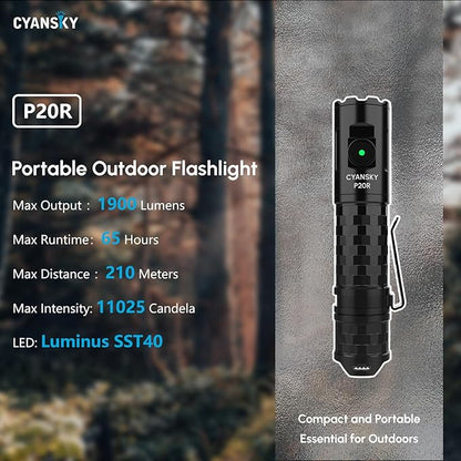 CYANSKY P20R Flashlights High Lumens,Rechargeable Flashlight,1900 Lumen Super Bright,Portable Pocket EDC Flashlgiht,LED Flash Lights for Home,Emergency,Camping,Camping,Hiking ﻿