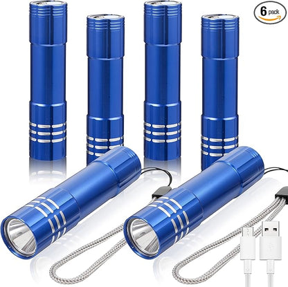 6 Pack LED Aluminum Small Mini USB C Rechargeable Flashlights, Handheld Small Flashlight Bulk for Kids, Portable Camping Bright High Lumens Flashlight Christmas Gifts (Blue)