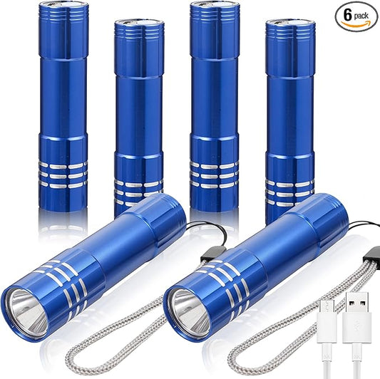 6 Pack LED Aluminum Small Mini USB C Rechargeable Flashlights, Handheld Small Flashlight Bulk for Kids, Portable Camping Bright High Lumens Flashlight Christmas Gifts (Blue)