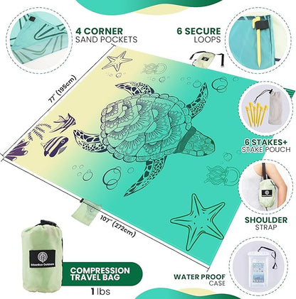 Lightweight Beach Blanket - Oversized 107" x 77" - Waterproof Sandproof - Double Anchored for Fun Leisure Beach Blanket - with Stake and Pouch - Durable Sand Beach Mat