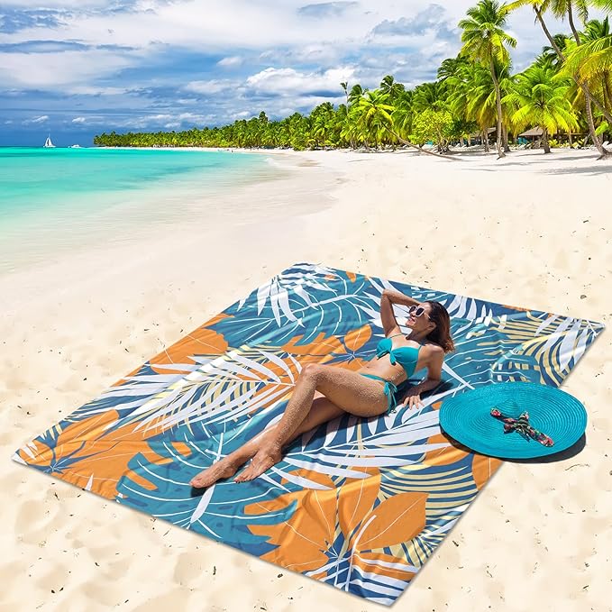 Beach Blanket Waterproof Sandproof Beach Mat 79”x 83” for 1-4 Adults Quick Drying Durable Outdoor Picnic Mat for Beach Festival Travel Camping Hiking (BK&GN&O-Palm, 79"×83"(4 Person))