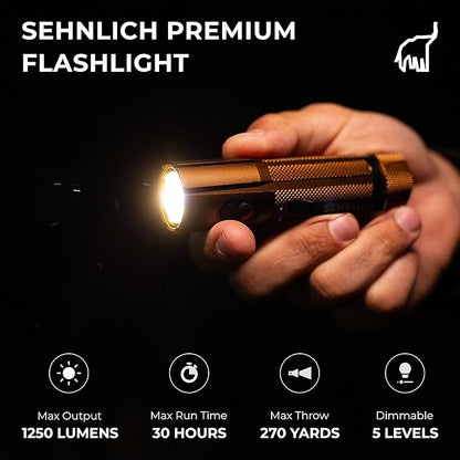 LED Rechargeable Flashlight - Super Bright 1250 High Lumens Flashlight, Waterproof IP68 Small Compact Pocket Tactical Flashlight for Home, Emergency, Rescue, Camping, Gifts for Men Desert Tan