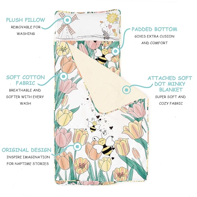 JumpOff Jo - Extra Long Toddler Nap Mat for Preschool, Daycare and Kindergarten - Sleeping Bag for Kids with Removable Pillow and Ultra Soft Blanket - Tulip Fields