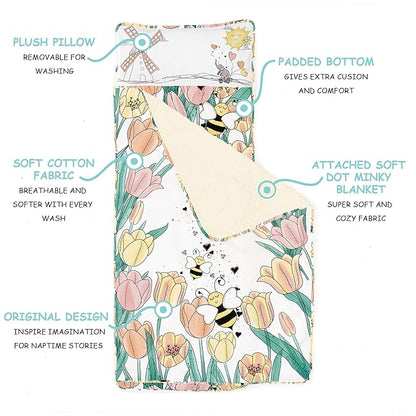 JumpOff Jo - Extra Long Toddler Nap Mat for Preschool, Daycare and Kindergarten - Sleeping Bag for Kids with Removable Pillow and Ultra Soft Blanket - Tulip Fields
