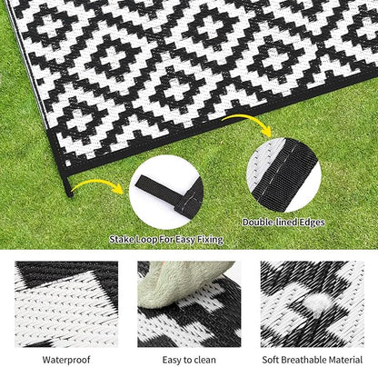 Outdoor Patio Plastic Straw Rug - 6'x9' Outdoor Camping Rug Waterproof Reversible, Area Carpet Patios Clearance RV, Outside Porch Balcony Deck for Camper, Black & White
