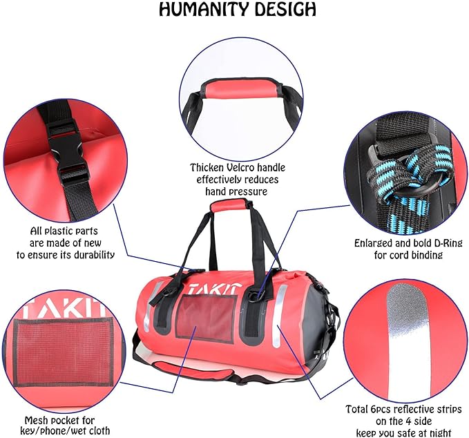 Waterproof Duffle Bag Travel Dry Bag 500D PVC for Motorcycle Tail Kayaking Rafting Boating Swimming Camping Hiking Beach Fishing (Red, 80L)