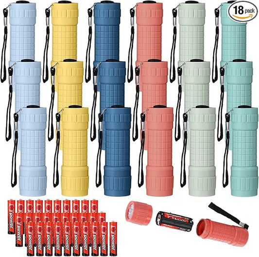 18 Pack 9 LED Flashlight Bulk Plastic Handheld Flashlight Kids Flashlight with Lanyard, Each with 3 AAA Batteries Included for Kids Night Reading Party Camping Emergency Hunting, 6 Color
