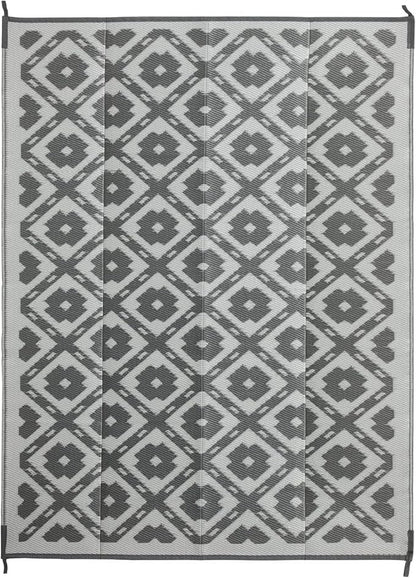 Waterproof Outdoor Rug 4x6 ft, Reversible Plastic Straw Rug, Easy to Clean Patio Rug, Portable Carpet for Patio, RV, Deck, Balcony, Backyard, Picnic, Beach, Square Dashed, Gray
