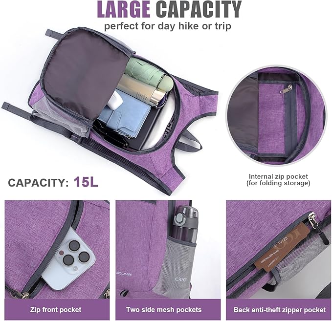 15L Hiking Backpack Small Travel Backpack Lightweight Packable Backpacks Casual Daypack for Women and Men, Light Purple