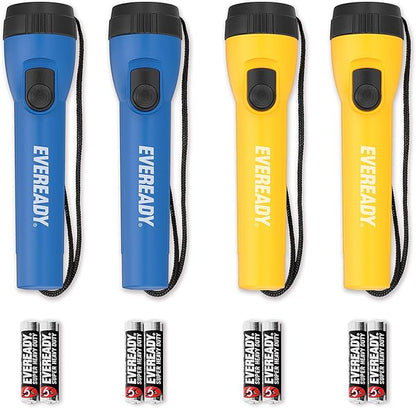 EVEREADY LED Flashlights (4-Pack), Bright Flashlights for Emergencies and Camping Gear, Flash Light with AA Batteries Included, Blue/Yellow (4-Pack)