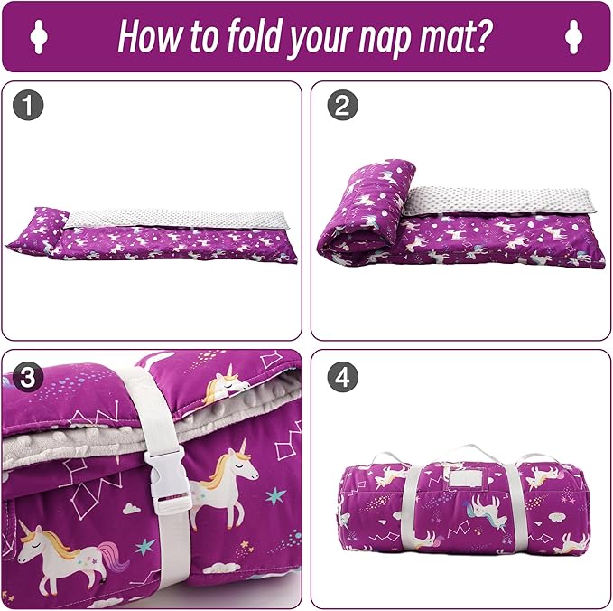 Bunnikins & Clover Toddler Nap Mat with Removable Pillow, Nap Mats for Preschool, Easy Clean Toddler Nap Pad for Kindergarten, Kids Sleeping Bag for Travel Camping