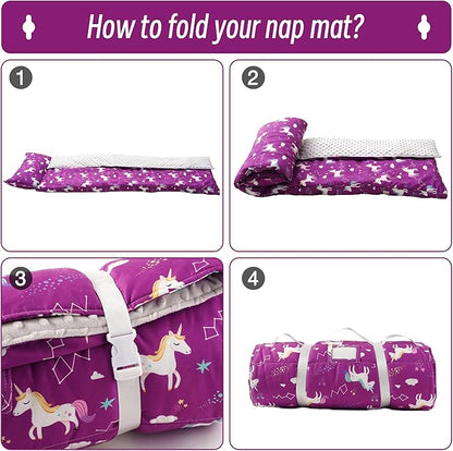 Bunnikins & Clover Toddler Nap Mat with Removable Pillow, Nap Mats for Preschool, Easy Clean Toddler Nap Pad for Kindergarten, Kids Sleeping Bag for Travel Camping