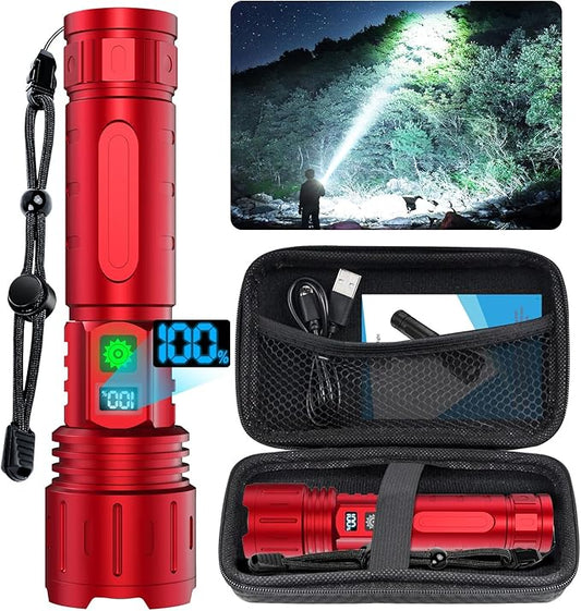 Flashlights 20000 High Lumens Rechargeable - 1500 Meters Long Beam Super Bright LED Flash Light with Power Display & IPX5 Waterproof for Camping, 20H Runtime,5 Modes,Zoomable Handheld Flashlight -Red