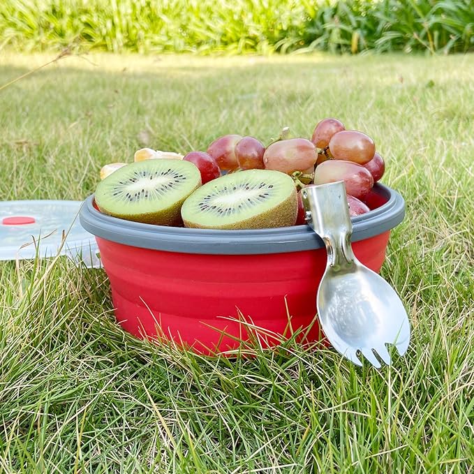 1200ml Collapsible Camping Bowl Silicone Food Storage Container with Lid and Foldable Stainless Steel Fork Spoon, for Picnic, Travel, Camping, RV, Fridge and Microwave Bowls