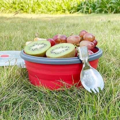 1200ml Collapsible Camping Bowl Silicone Food Storage Container with Lid and Foldable Stainless Steel Fork Spoon, for Picnic, Travel, Camping, RV, Fridge and Microwave Bowls
