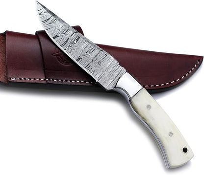 Handmade Damascus Steel Knife Bowie for Hunting,Survival,Camping,Bushcraft,and Fishing- Fixed Blade Dagger with Drop point Full Tang Micarta Handle, Leather Sheath - WKD-803