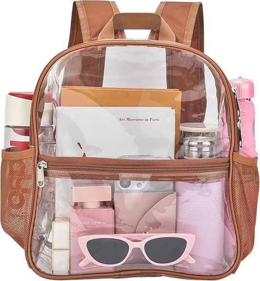 Oraben Clear Backpack for Stadium Events Clear Stadium Backpack 12x6x12 Bag (Enhanced Strap, Coffee Brown)