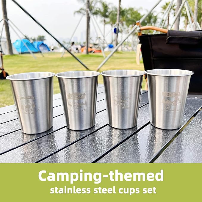 Camping Cups 11 oz (4 Pack) - Stackable Stainless Steel Tumblers | Metal Drinking Glasses | Great for Kids, Hiking, Camping, and Picnics | Unique Gifts (silver)