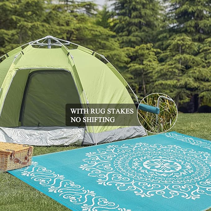 Pauwer Waterproof Outdoor Rug 5x8, Reversible Plastic Straw Patio Camping Rug, Indoor Outdoor RV Mat Carpet for Deck, Camper, Porch, Balcony, Backyard, Picnic, Floral Teal